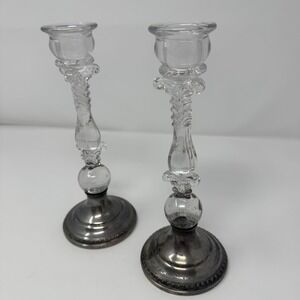 VTG Reed and Barton Weighted Sterling Silver 464‎ Glass Candlestick Holders Pair